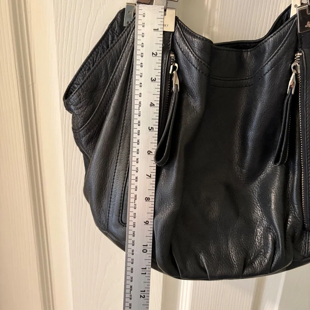 B. Makowsky Black Genuine Leather Large Hobo Shoulder Bag Silver Hardware